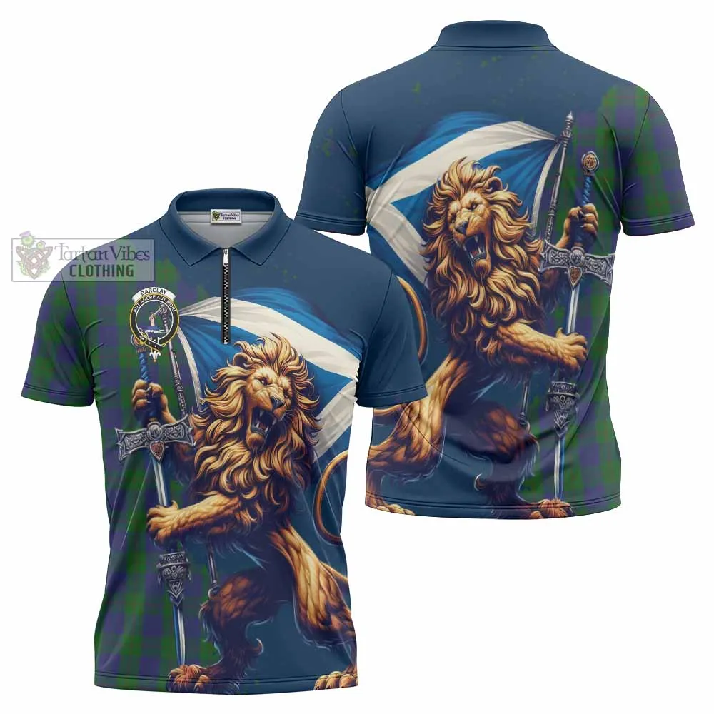 Barclay Tartan Family Crest Zipper Polo Shirt with Scottish Majestic Lion