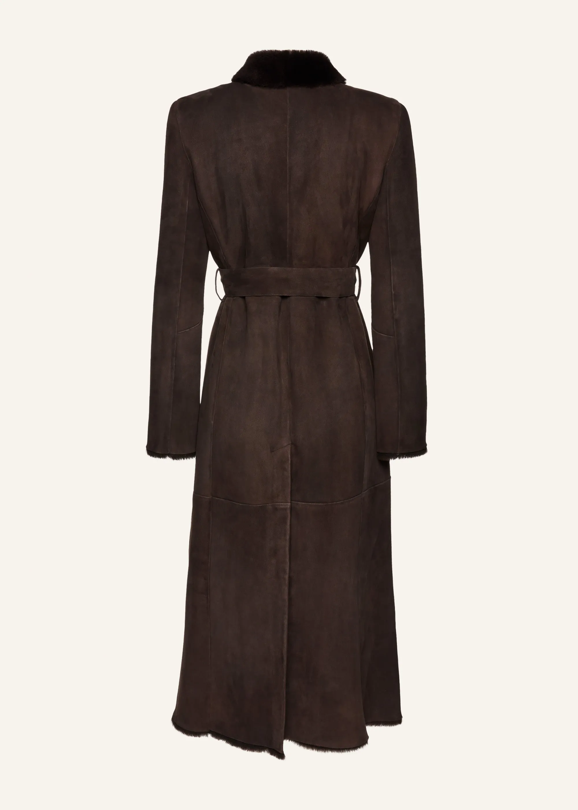 Belted shearling coat in brown