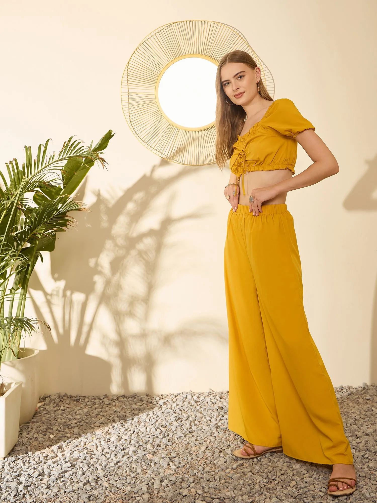 Berrylush Women Solid Yellow Sweetheart Neck Front Tie-Up Ruched Crop Top & Wide-Leg Maxi Trousers Co-Ord Set