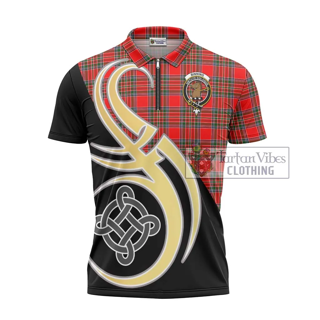 Binning Tartan Zipper Polo Shirt with Family Crest and Celtic Symbol Style