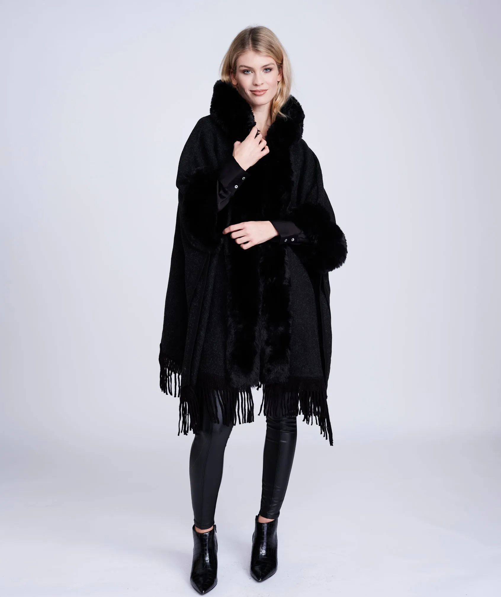 Black Faux Fur Trimmed Wrap with Fringing and Midi Length