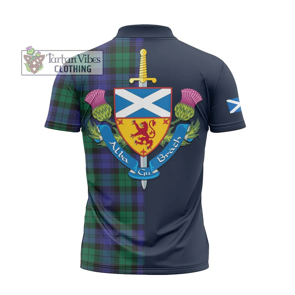 Black Watch Modern Tartan Zipper Polo Shirt Alba with Scottish Lion Royal Arm Half Style