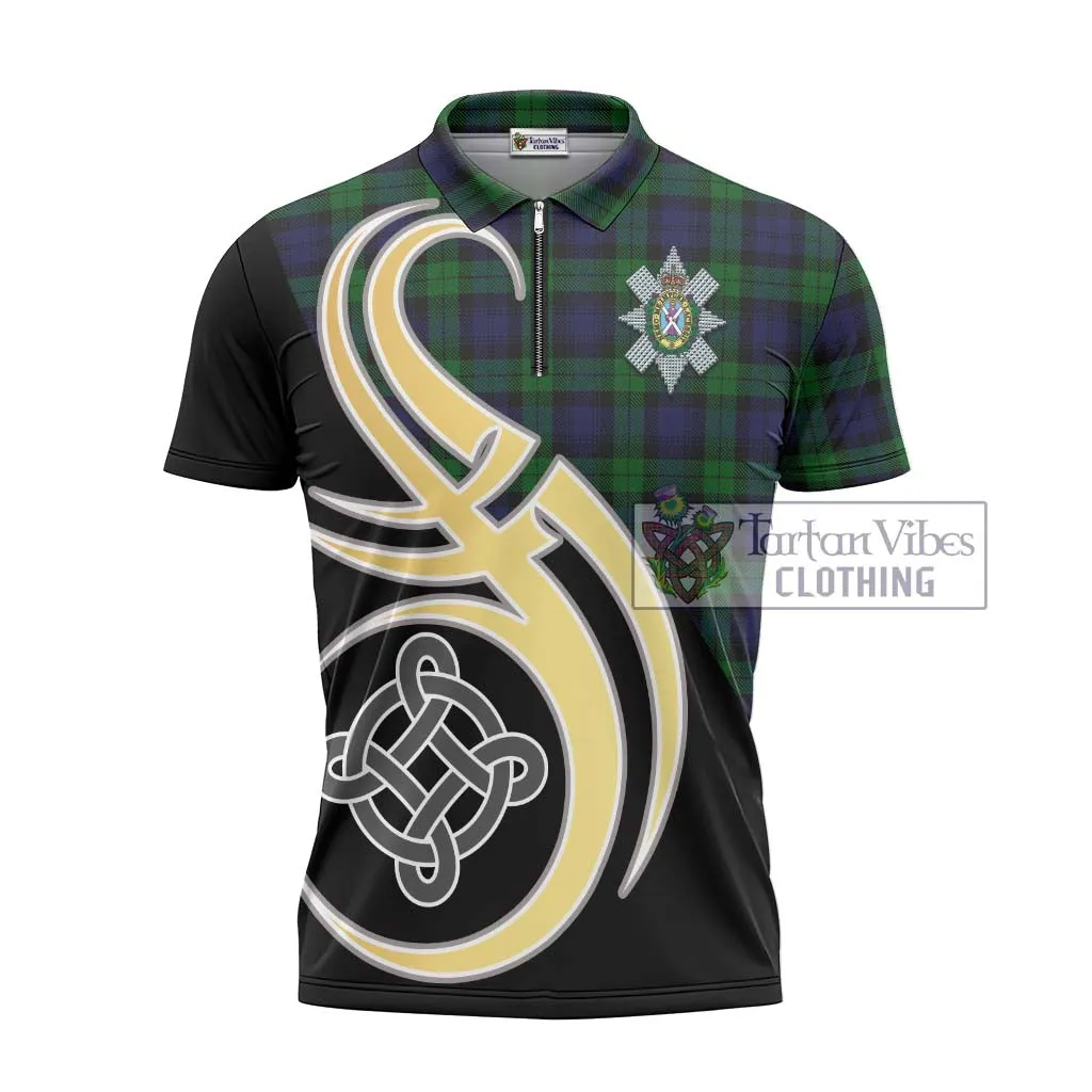 Black Watch Tartan Zipper Polo Shirt with Family Crest and Celtic Symbol Style