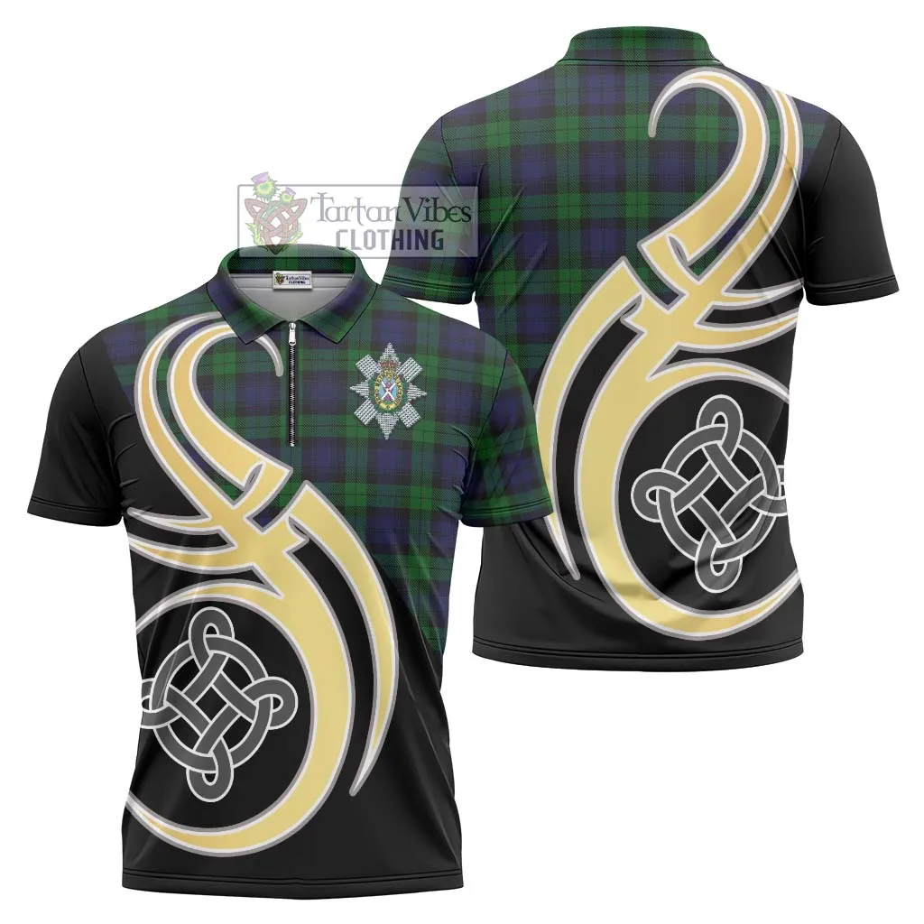 Black Watch Tartan Zipper Polo Shirt with Family Crest and Celtic Symbol Style