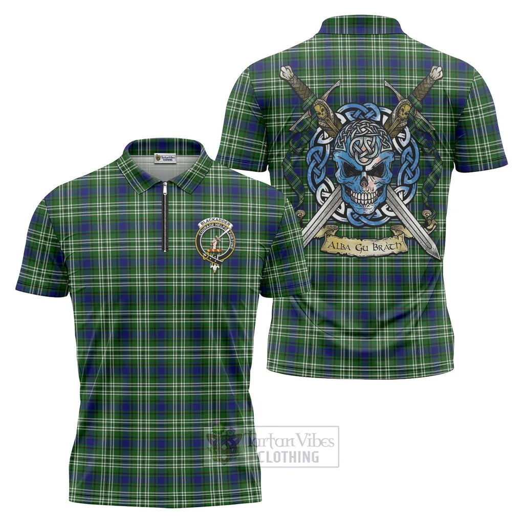 Blackadder Tartan Zipper Polo Shirt with Family Crest Celtic Skull Style