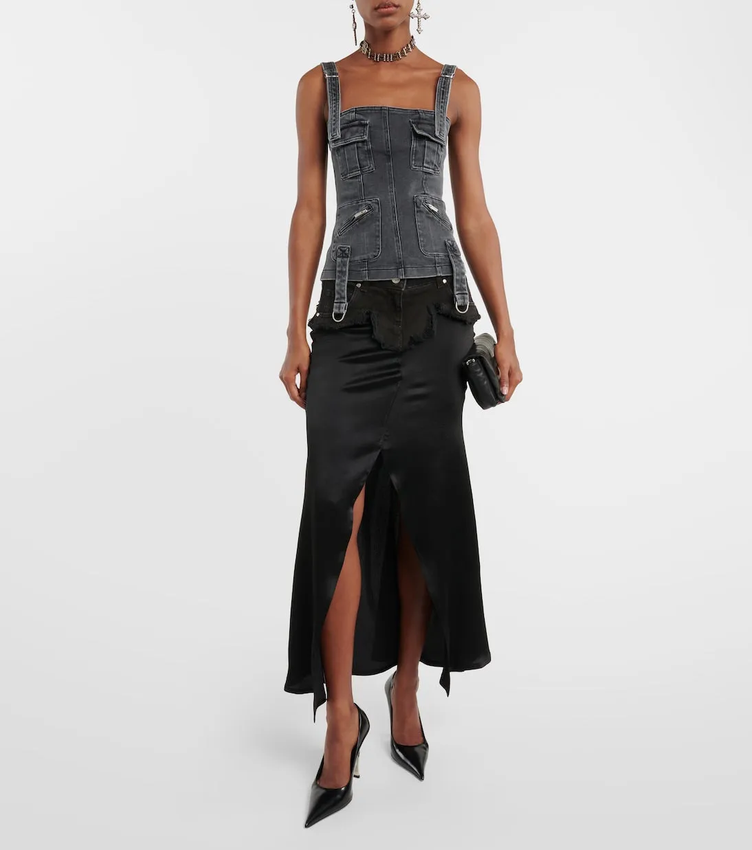 Blumarine Denim Trim Satin Maxi Skirt, Black