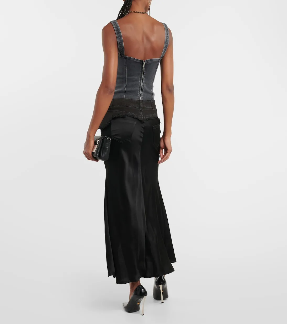 Blumarine Denim Trim Satin Maxi Skirt, Black