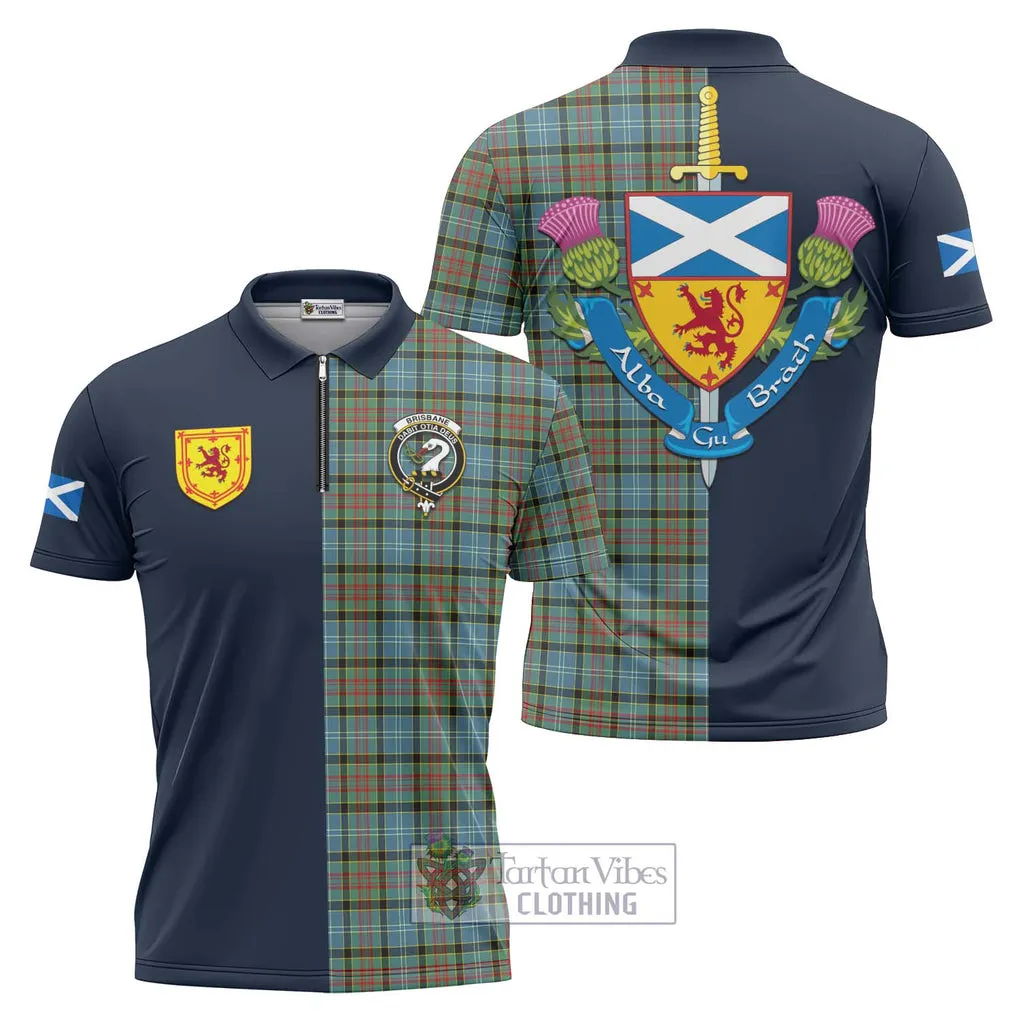 Brisbane Tartan Zipper Polo Shirt Alba with Scottish Lion Royal Arm Half Style