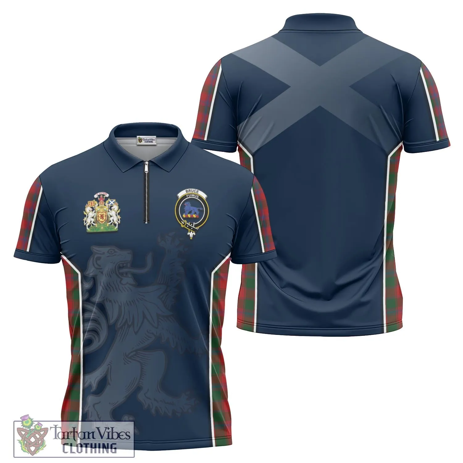 Bruce Old Tartan Zipper Polo Shirt with Family Crest and Lion Rampant Vibes Sport Style