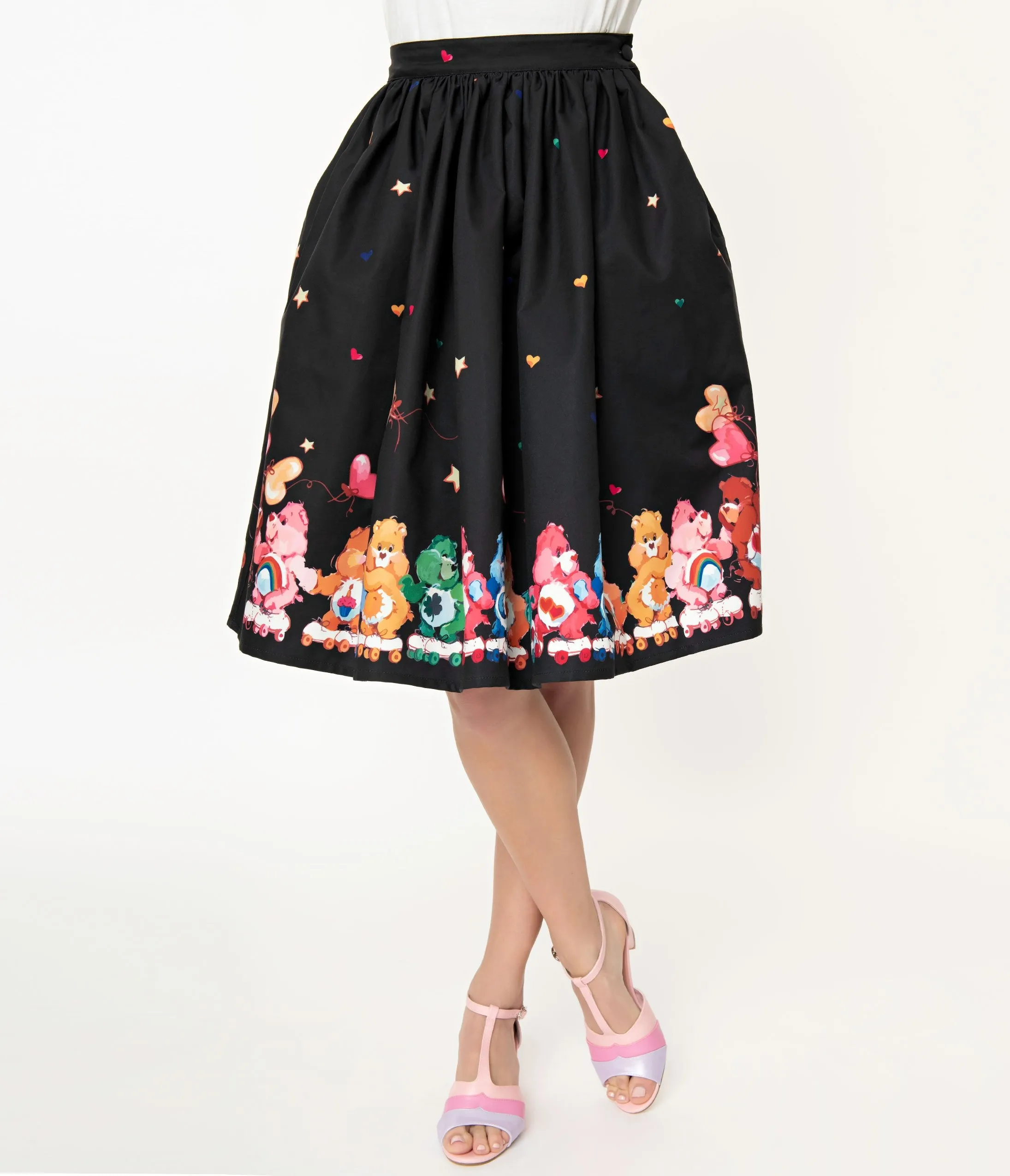 Care Bears x Unique Vintage Black Skate Line Print Swing Skirt