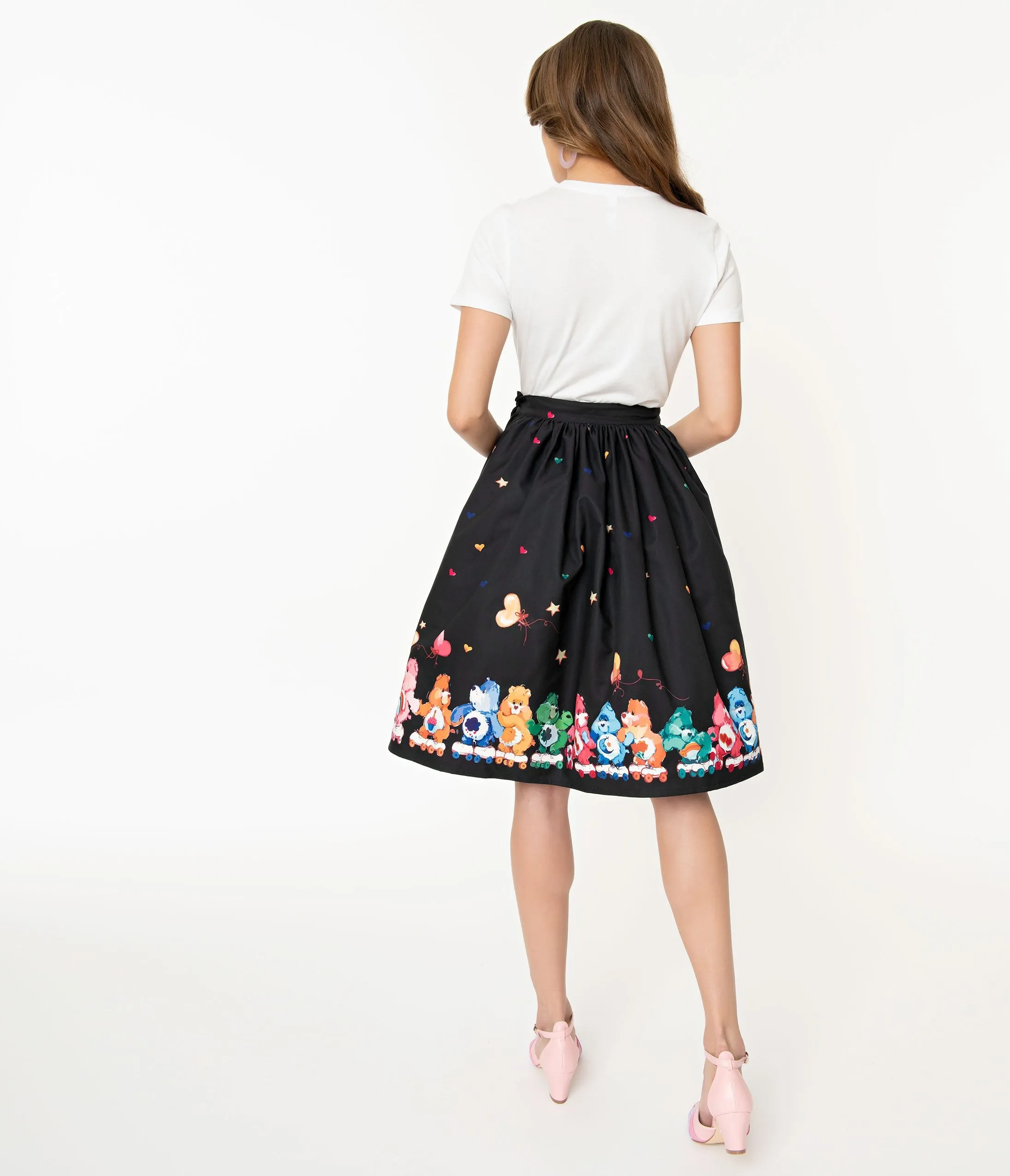 Care Bears x Unique Vintage Black Skate Line Print Swing Skirt