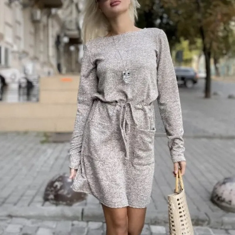 Casual A-Line Lace Up Pocket O-neck Long Sleeve Comfortable Autumn Holiday Dress