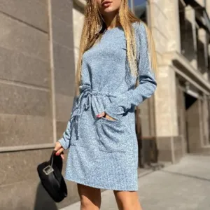 Casual A-Line Lace Up Pocket O-neck Long Sleeve Comfortable Autumn Holiday Dress