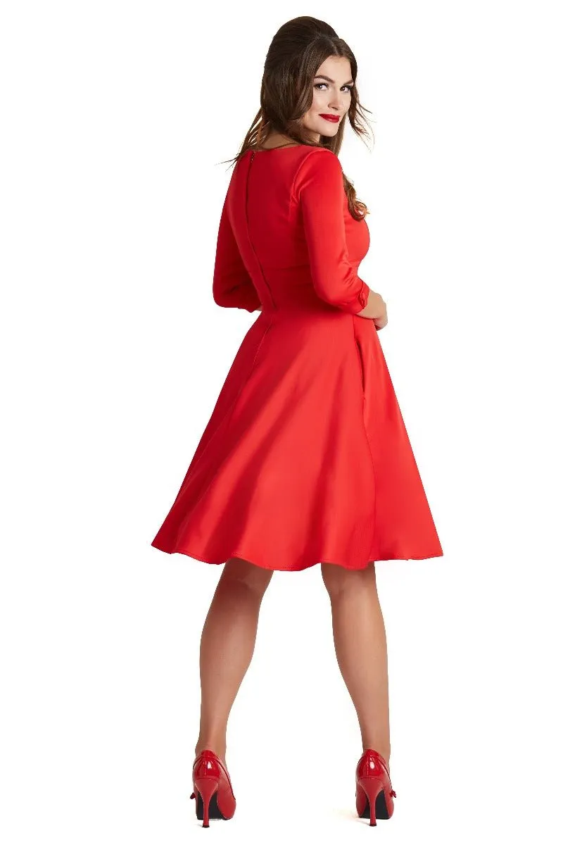 Debra Sweetheart Neckline Long Sleeves Stretchy Swing Dress Red