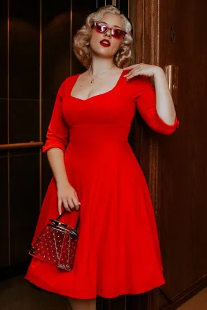 Debra Sweetheart Neckline Long Sleeves Stretchy Swing Dress Red