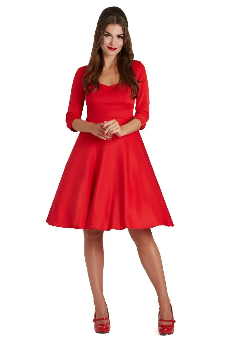 Debra Sweetheart Neckline Long Sleeves Stretchy Swing Dress Red