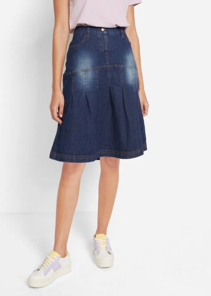 Denim skirt with pintucks and a comfortable a-line belt Bpc Bonprix Collection, blue