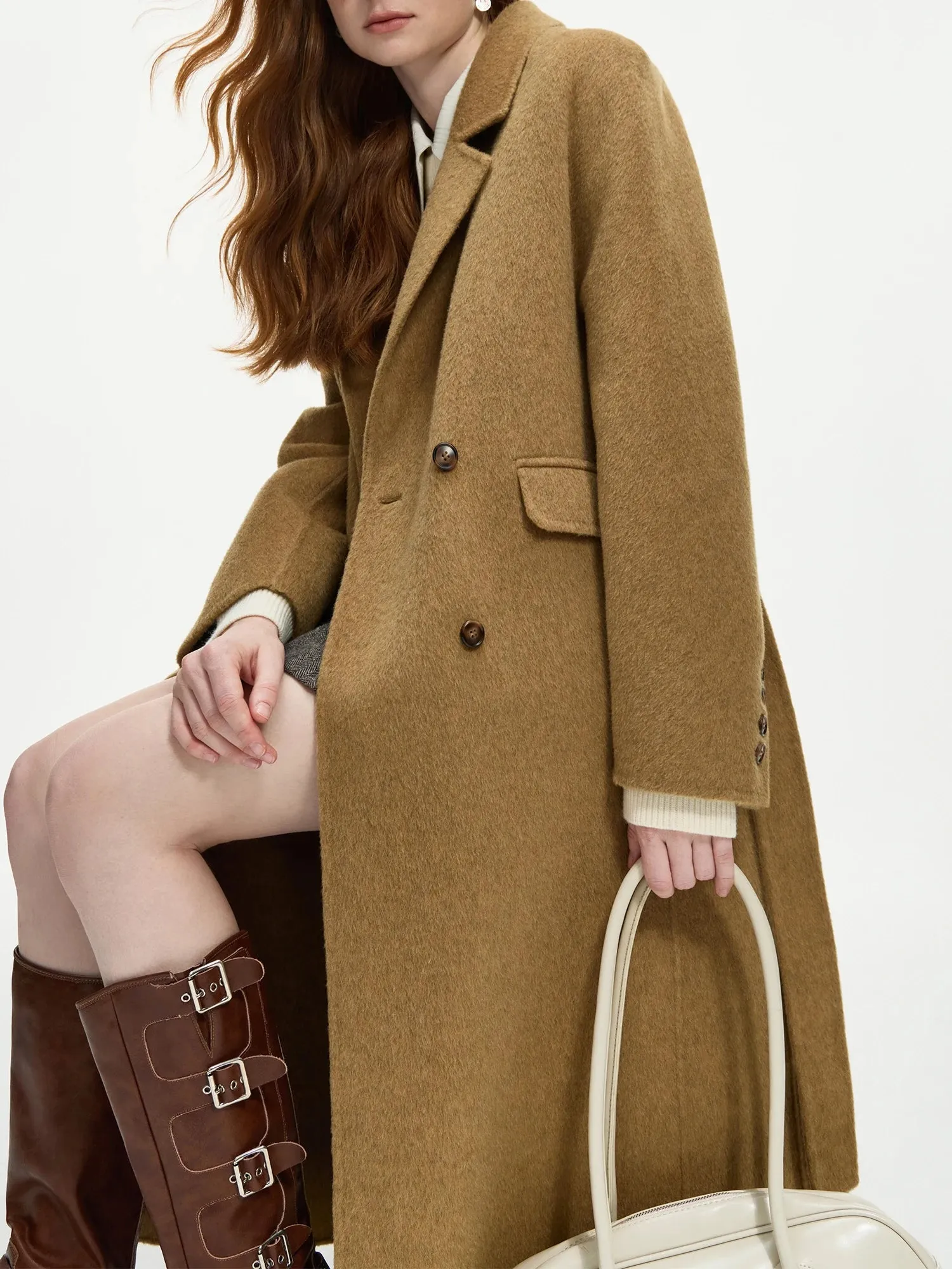 Fashionkova ¡¾4 Colors¡¿Women 100% Wool Coats Long Temperament Brown Female Double Breasted Woolen Jackets With Sashes 24FS14228