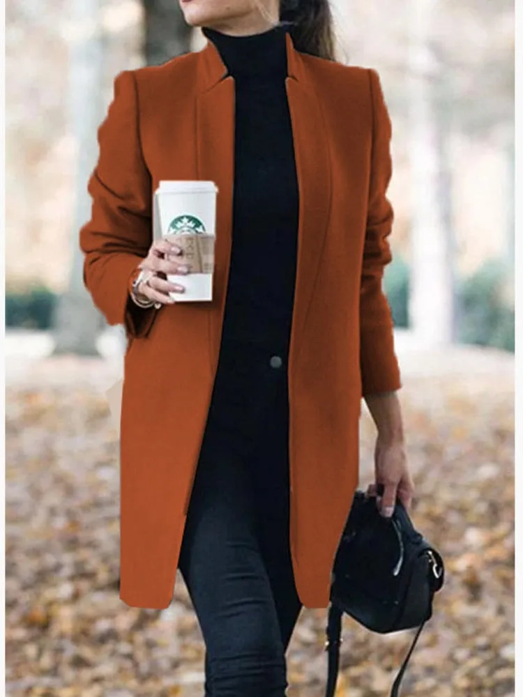 Fashionkova  Coats Woman Winter 2022 Fashion Casual Elegant Office Women Jackets Clothing Long Solid Color Stand-Up Collar Slim Woolen Coat