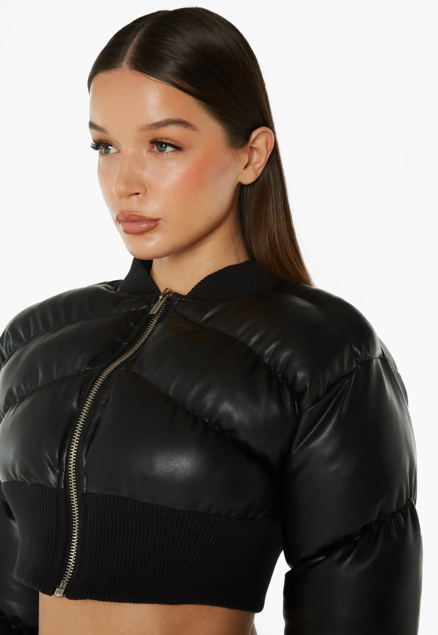 Faux Leather Cropped Bomber Jacket - Black