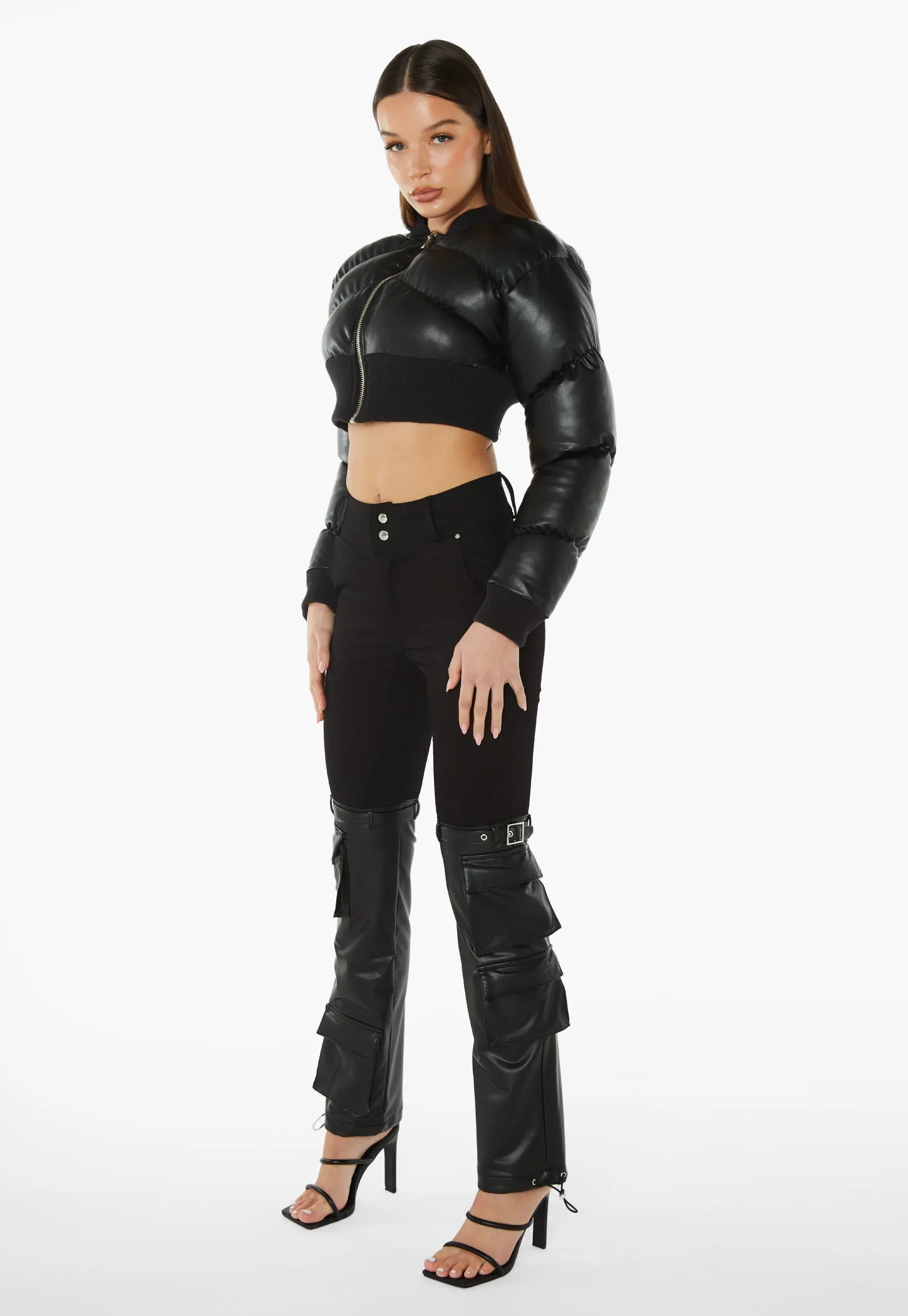 Faux Leather Cropped Bomber Jacket - Black