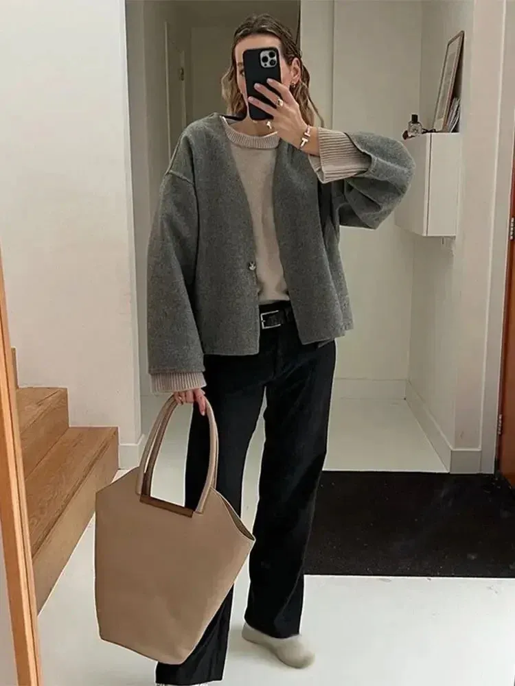 Flytonn-Elegant Solid Woolen One Button Cardigan Coat Women Chic V Neck Long Sleeves Loose Jacket Autumn Fashion Lady High Street  Coats