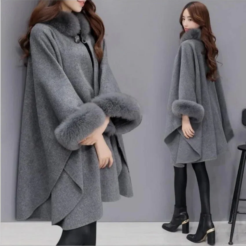 Flytonn-Elegant Women Winter Coats Batwing Fluffy Sleeve Cape Jacket Lady Woolen Overcoat Cape Fox Fur Collar Warm Ponchos Feminino