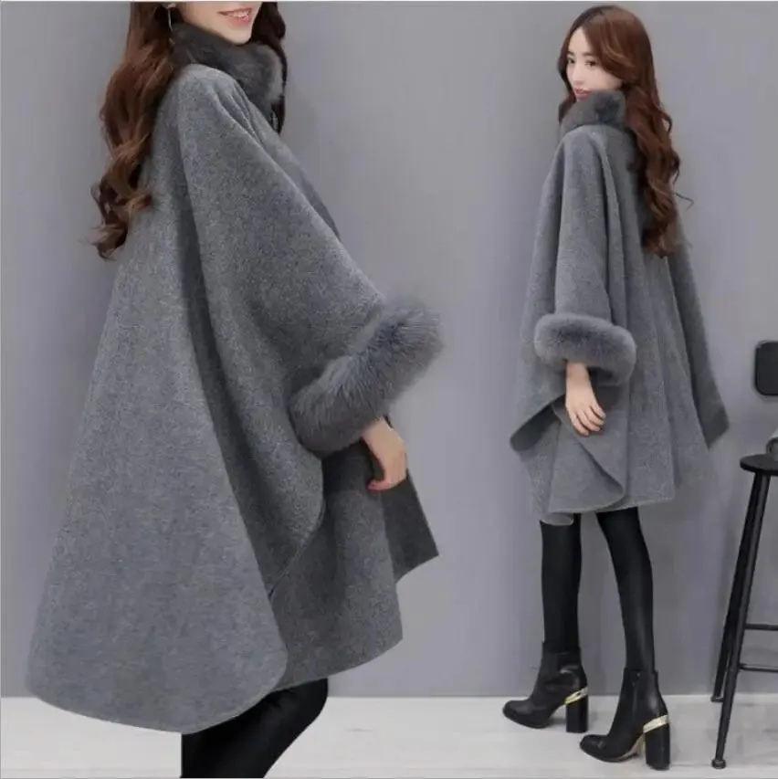 Flytonn-Elegant Women Winter Coats Batwing Fluffy Sleeve Cape Jacket Lady Woolen Overcoat Cape Fox Fur Collar Warm Ponchos Feminino