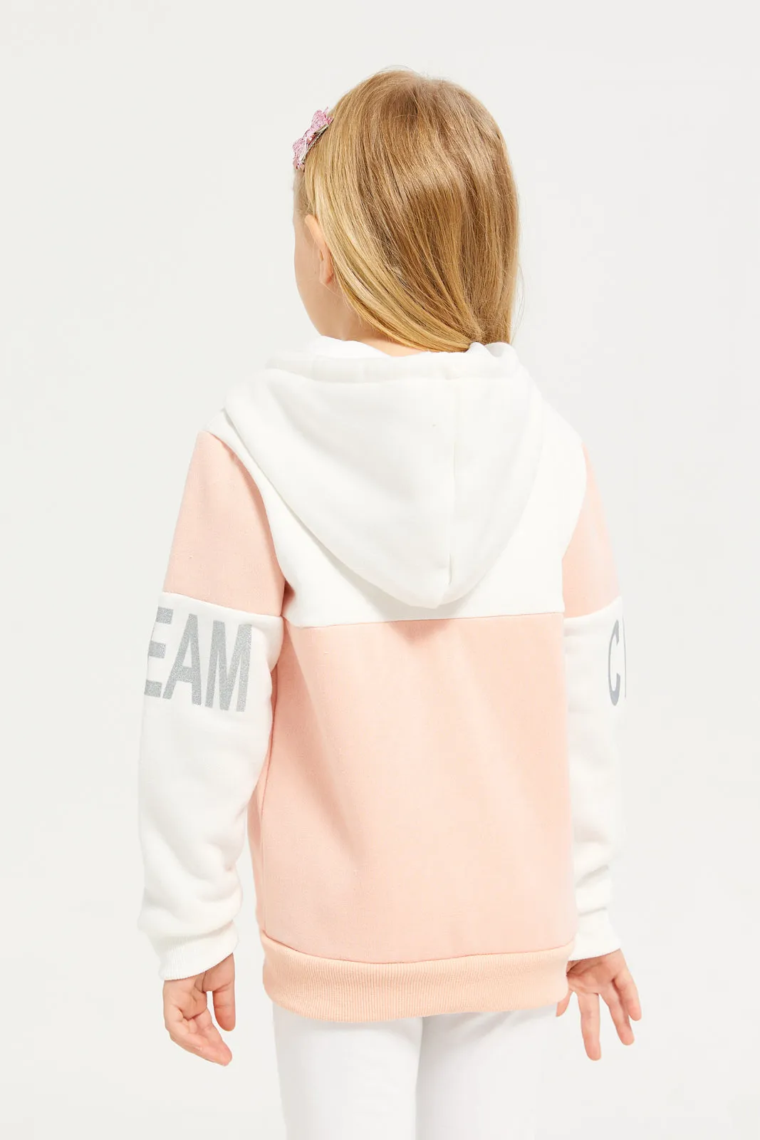 Girls White And Peach Hooded Sweatshirt