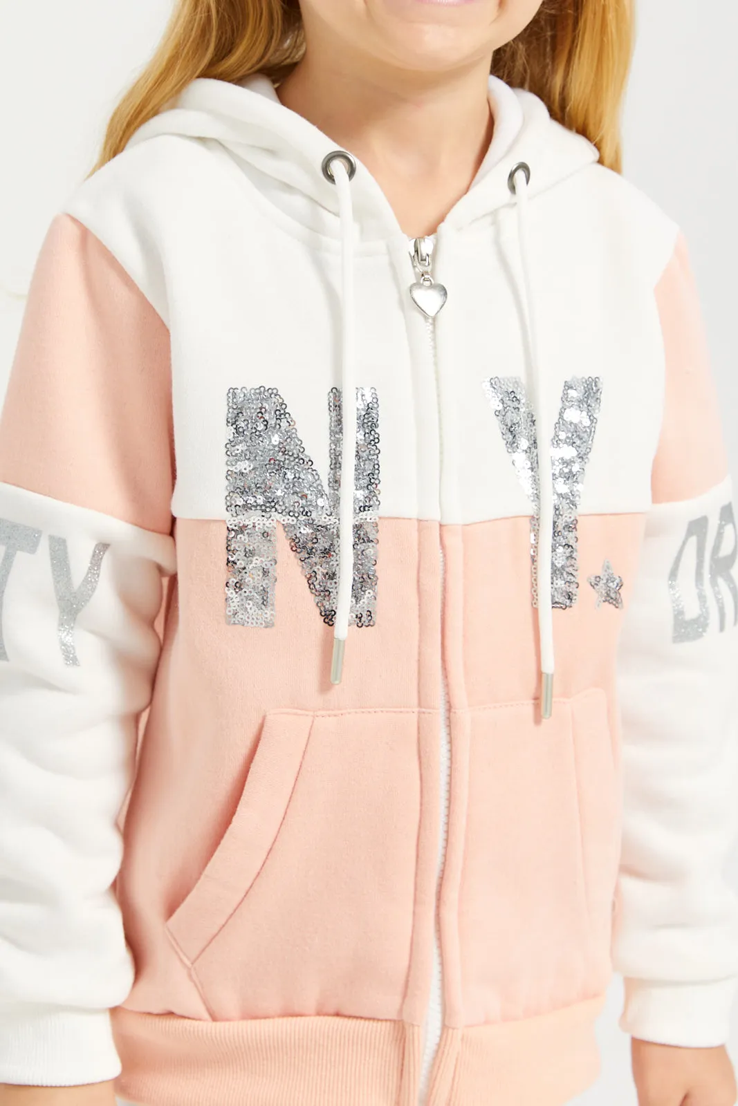 Girls White And Peach Hooded Sweatshirt