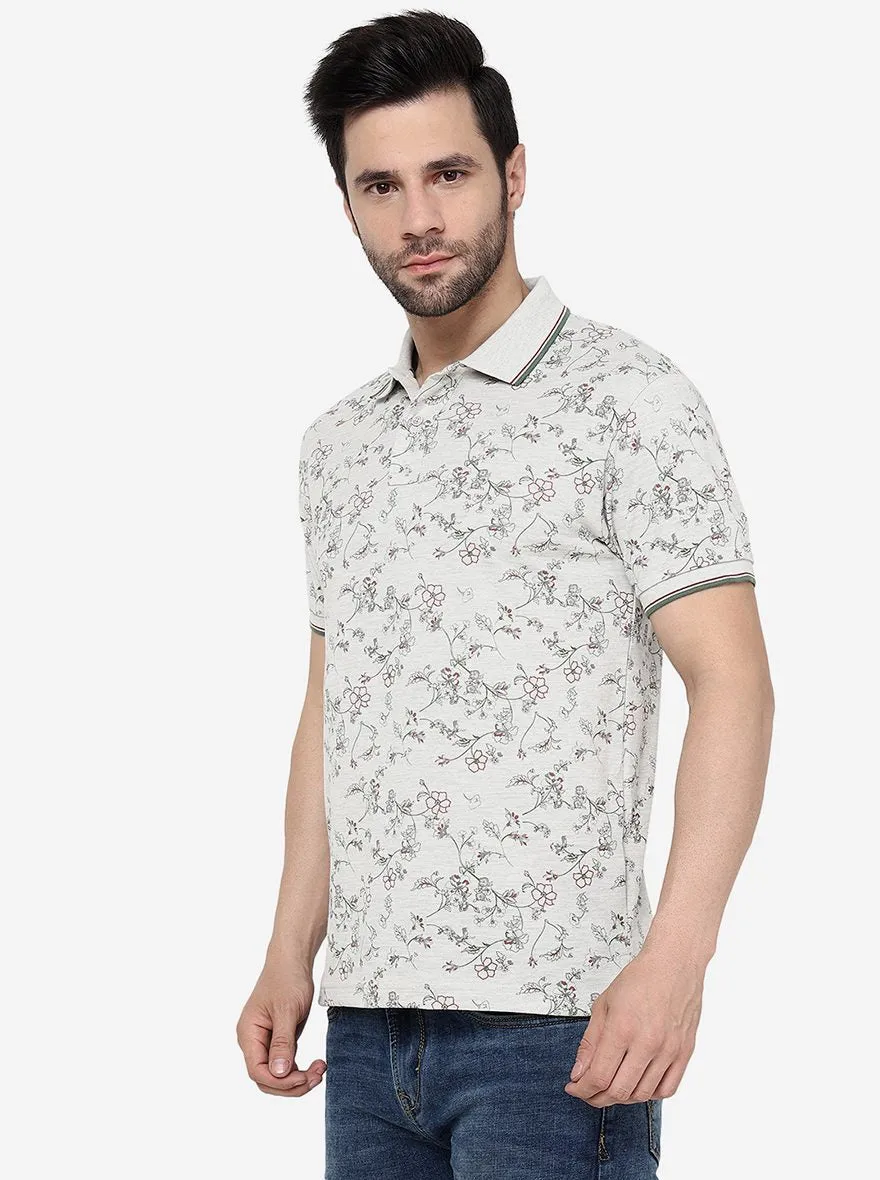 Grey Melange Printed Slim Fit Polo T- Shirt | Greenfibre