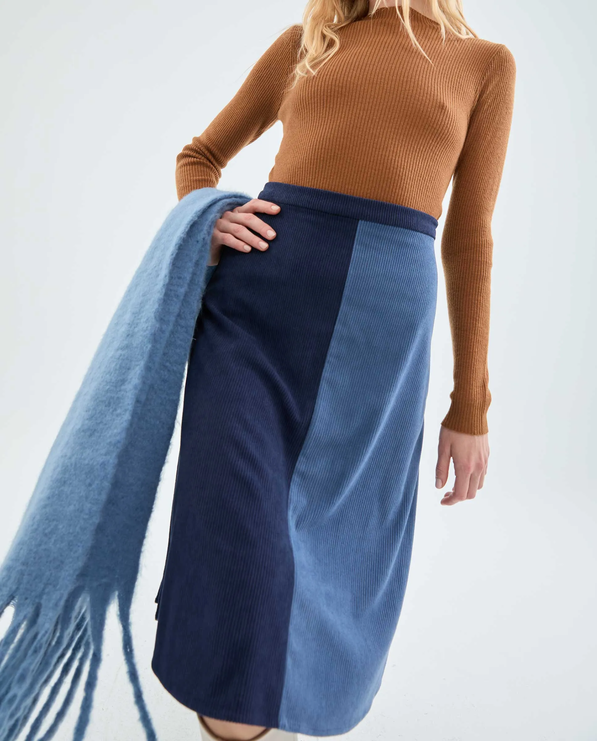 High Waisted Two Tone Blue Corduroy Skirt