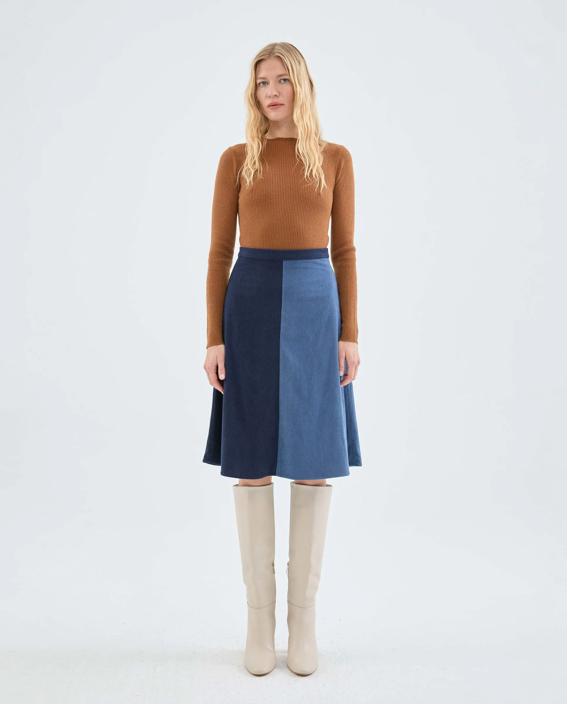 High Waisted Two Tone Blue Corduroy Skirt