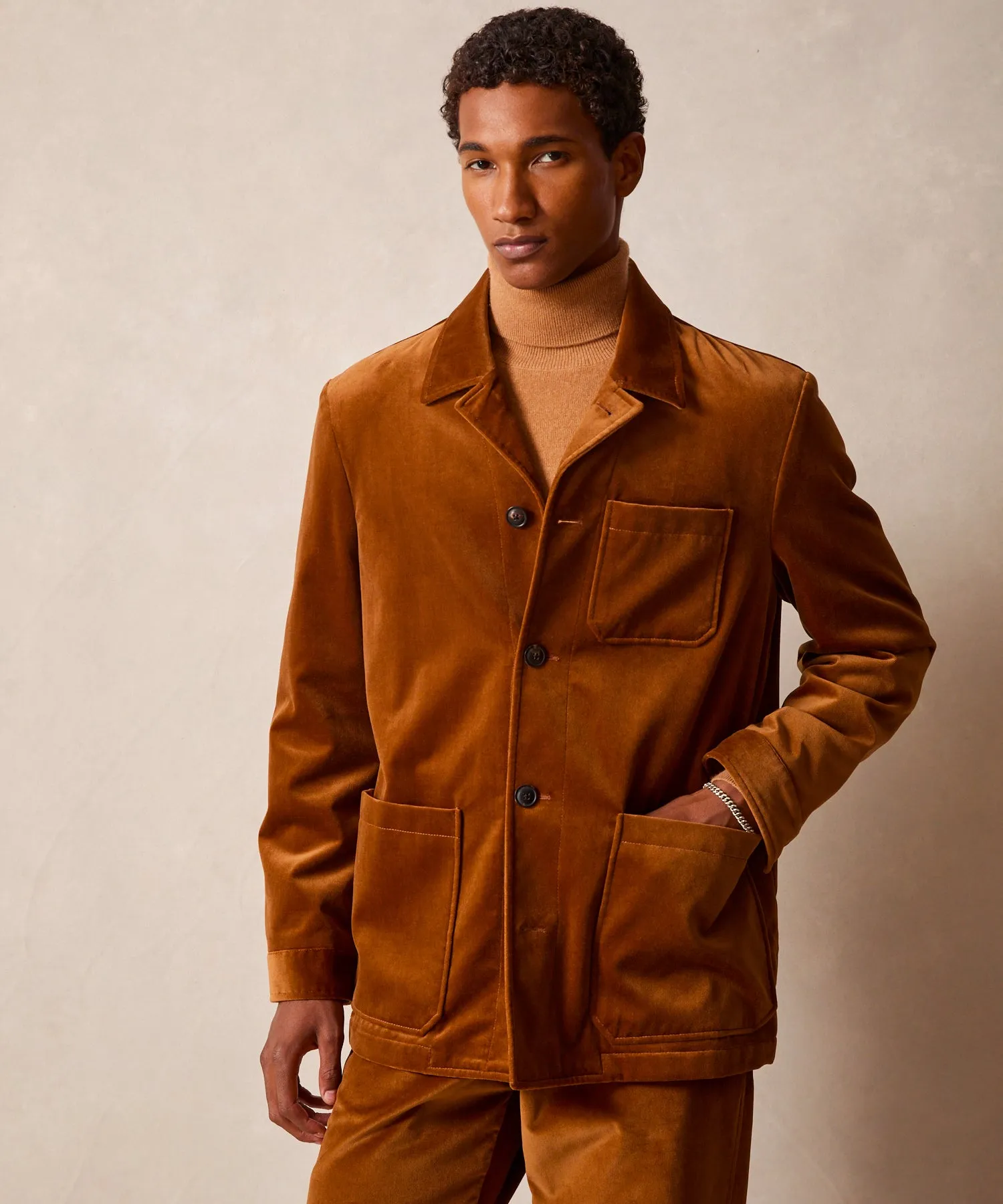 Italian Velvet Tailored Chore Coat in Caramel