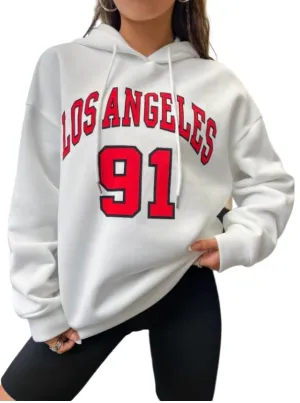 KSHS Cotton Fleece Oversized Loose Fit Hooded Sweatshirt Full Sleeves Cool & Stylish Graphic Printed Jumper Sweatshirt Winter Wear for Women (White)