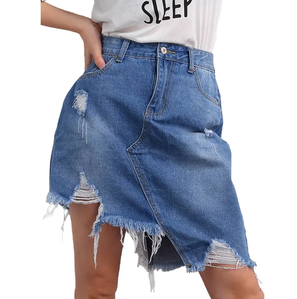 Ladies Denim Skirts Women’s Dissymmetry Personality Rough Edge Slimming High Waist Wrap Hip Skirts Ripped Short Mini Skirt