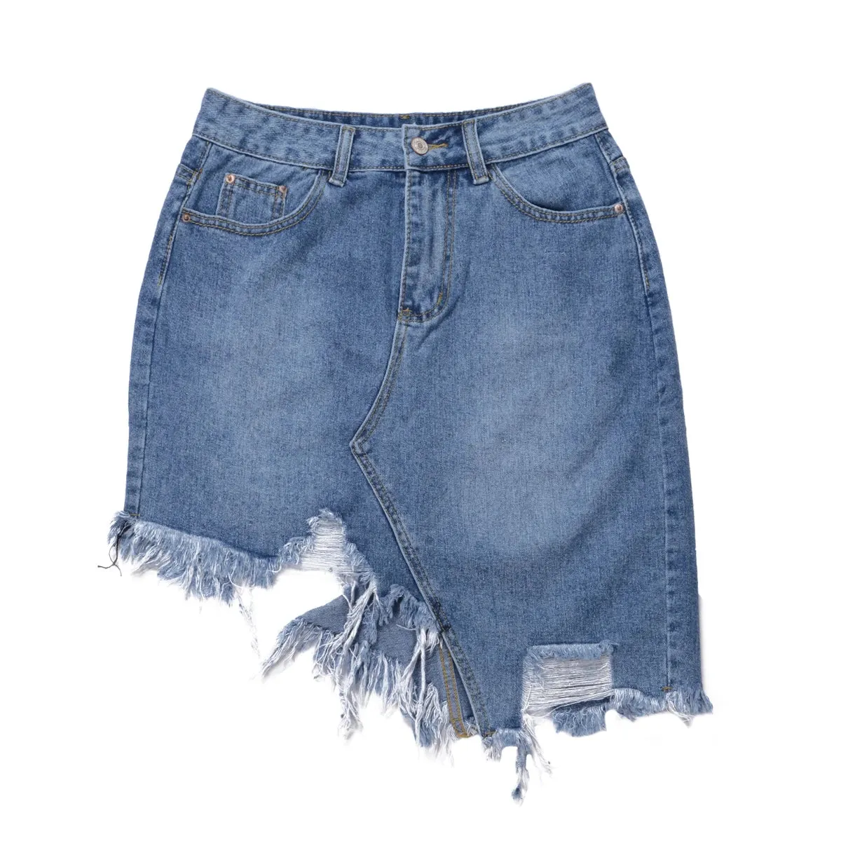 Ladies Denim Skirts Women’s Dissymmetry Personality Rough Edge Slimming High Waist Wrap Hip Skirts Ripped Short Mini Skirt