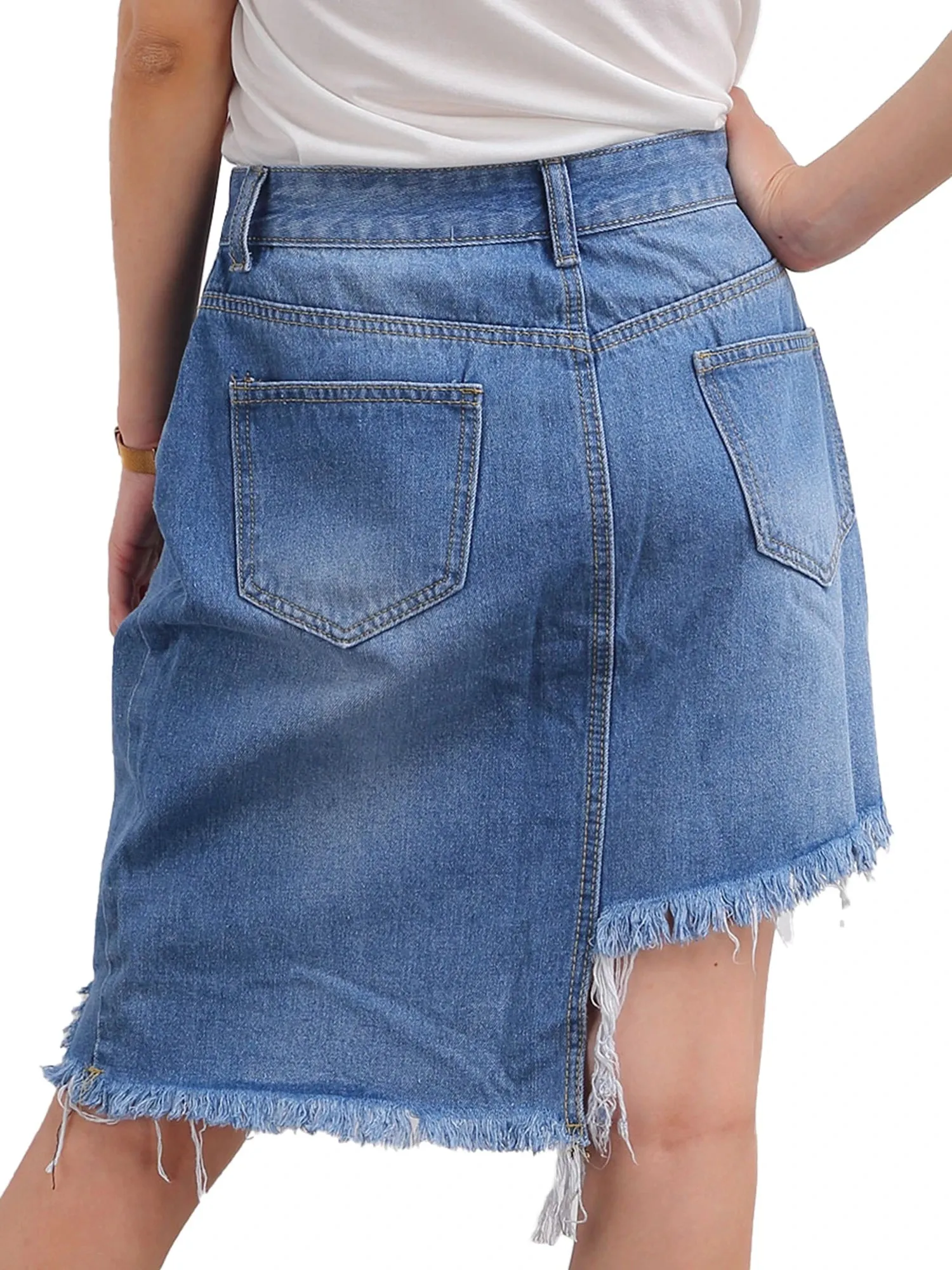 Ladies Denim Skirts Women’s Dissymmetry Personality Rough Edge Slimming High Waist Wrap Hip Skirts Ripped Short Mini Skirt