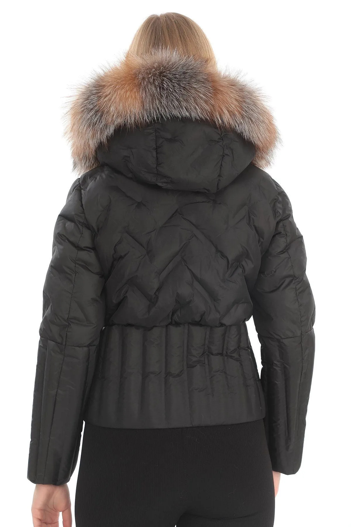 Luxurious Black Puff Jacket with Ethical Fox Fur Trim