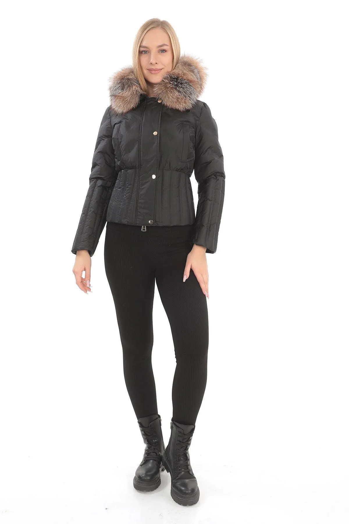 Luxurious Black Puff Jacket with Ethical Fox Fur Trim