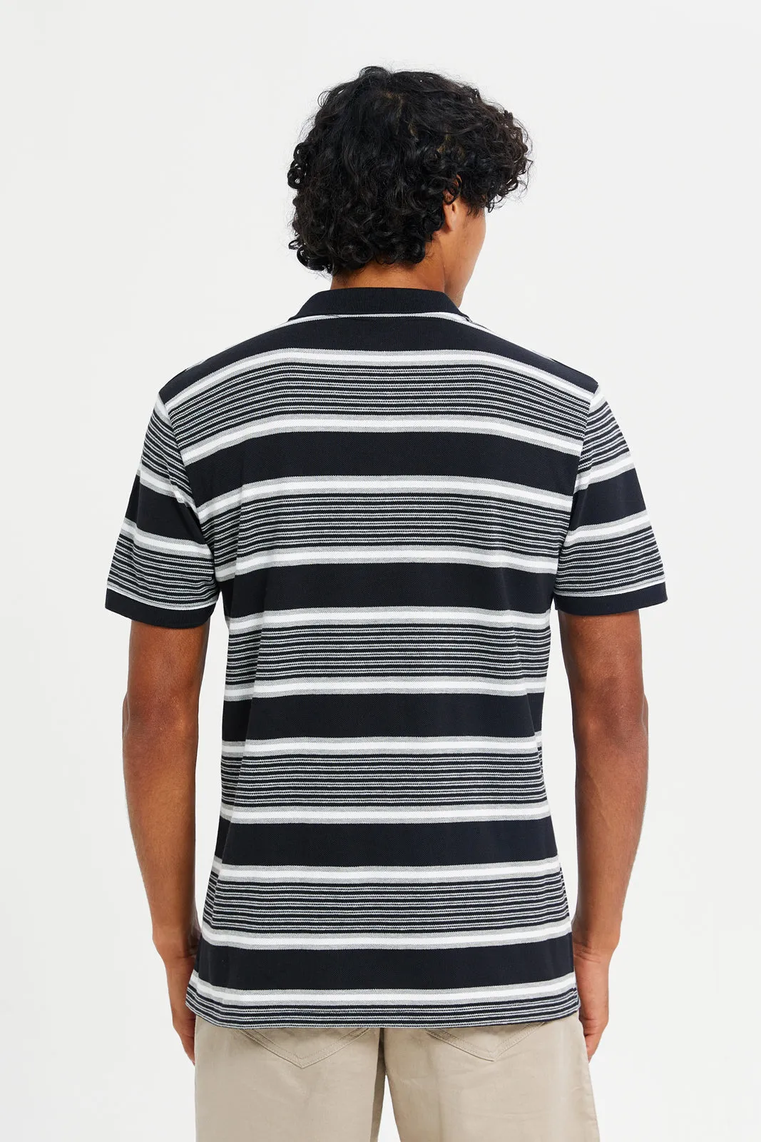 Men Grey And Black Striped Polo Shirt