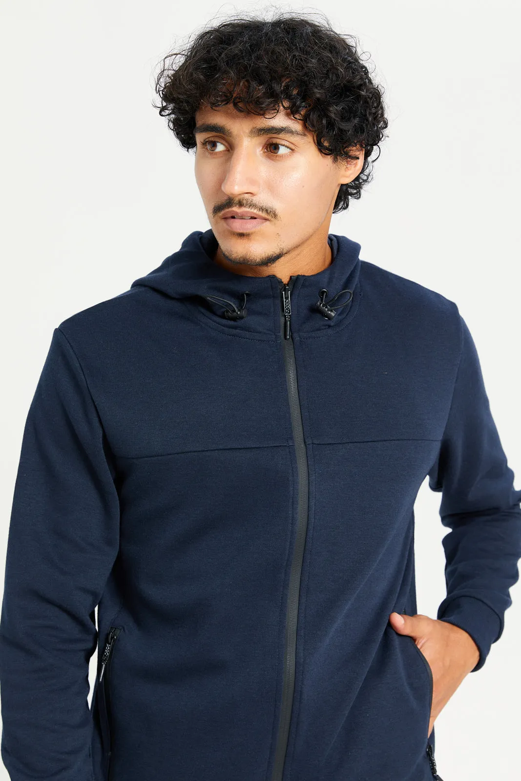 Men Navy Hooded Zip-Through Sweatshirt