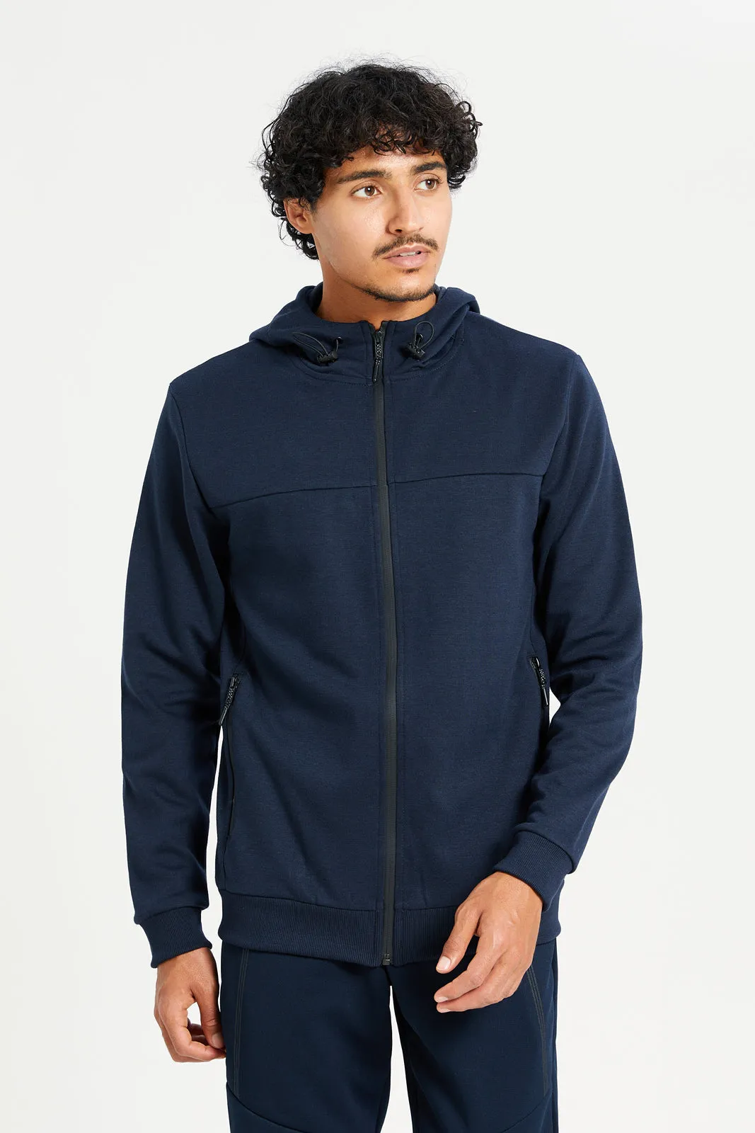 Men Navy Hooded Zip-Through Sweatshirt