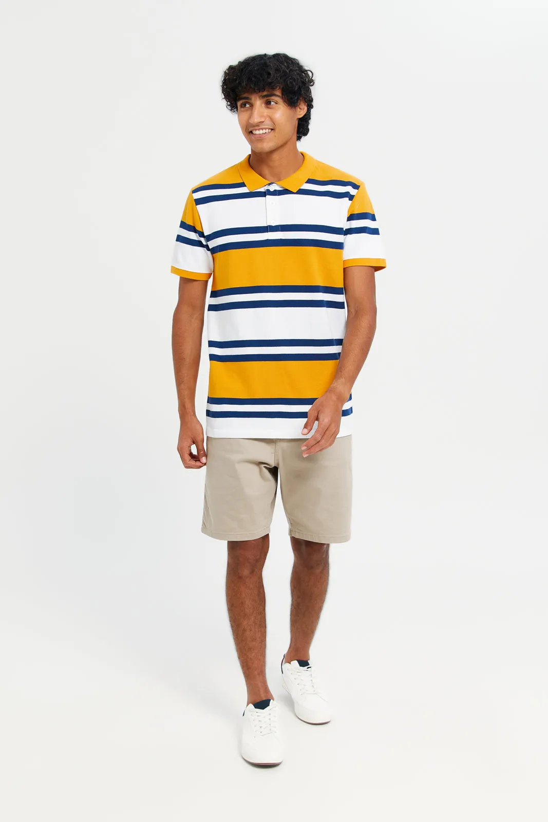 Men Yellow Striped Polo Shirt