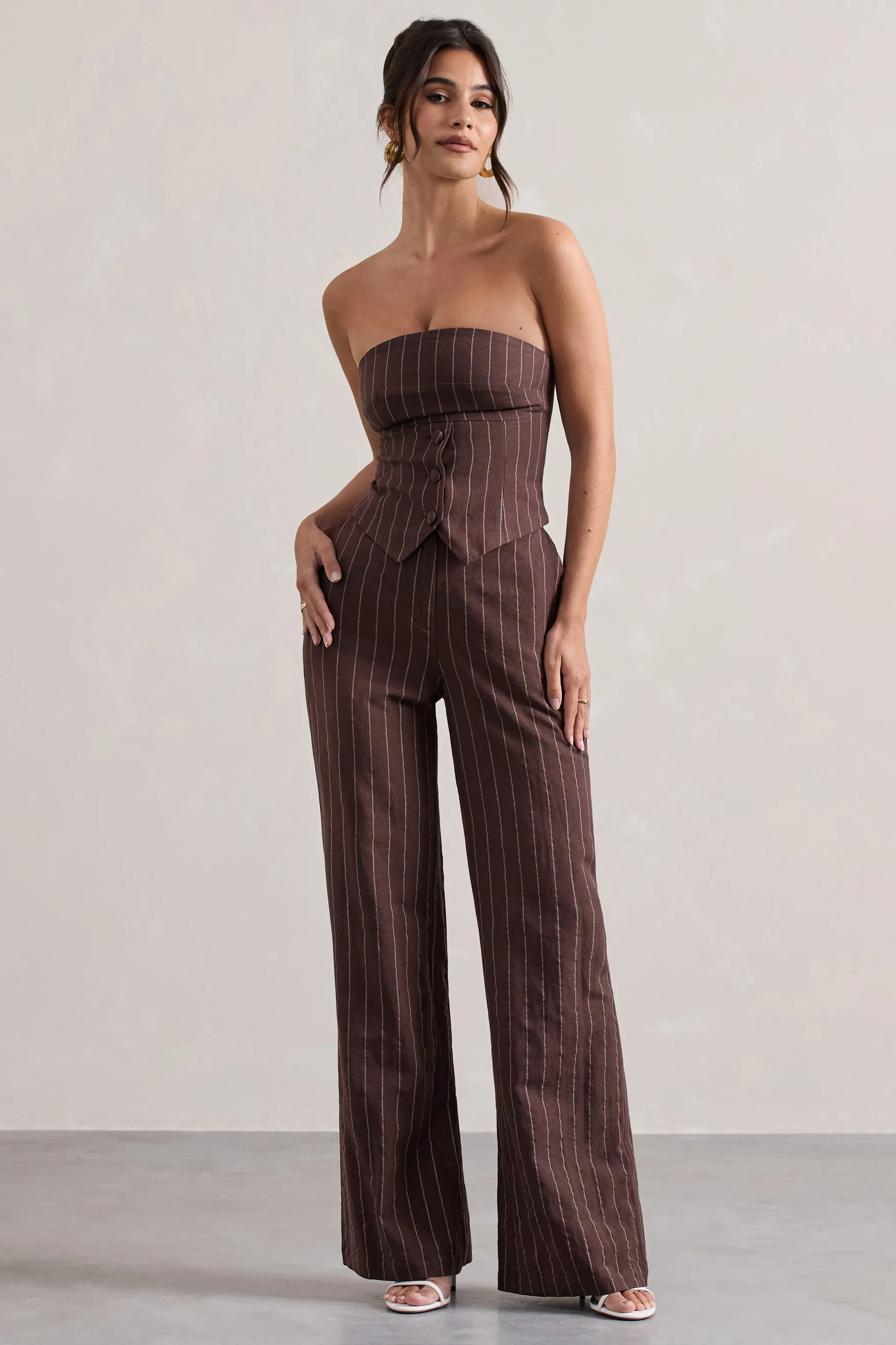 Missed Out | Chocolate Brown Pinstripe Wide-Leg Trousers