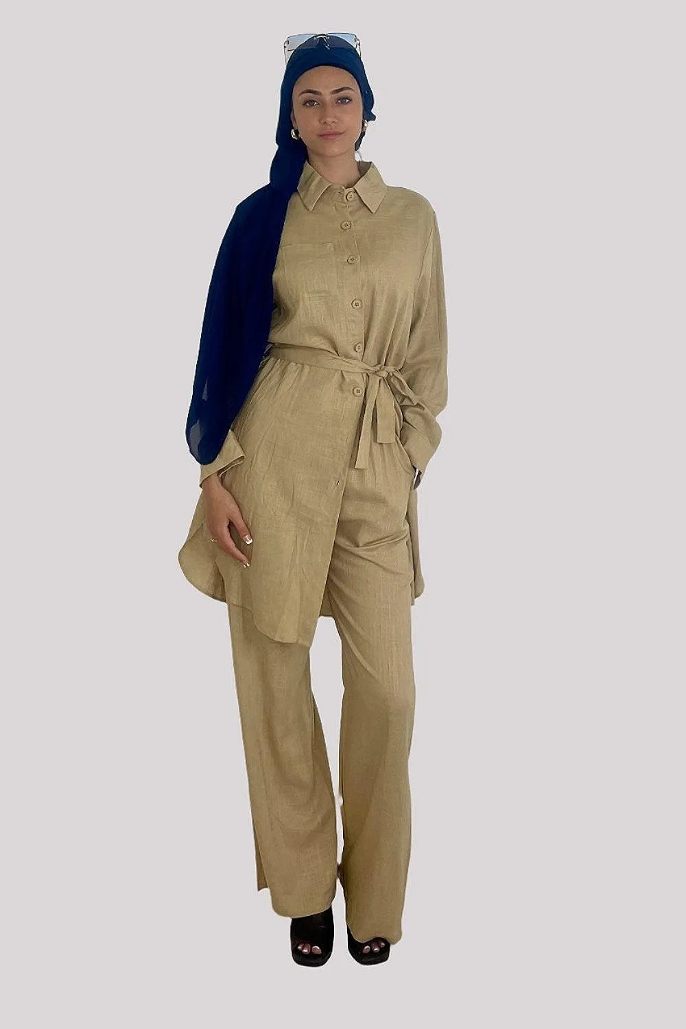 Modern Long Belted Shirt And Wide Leg Trousers Classic Modest Coord Set