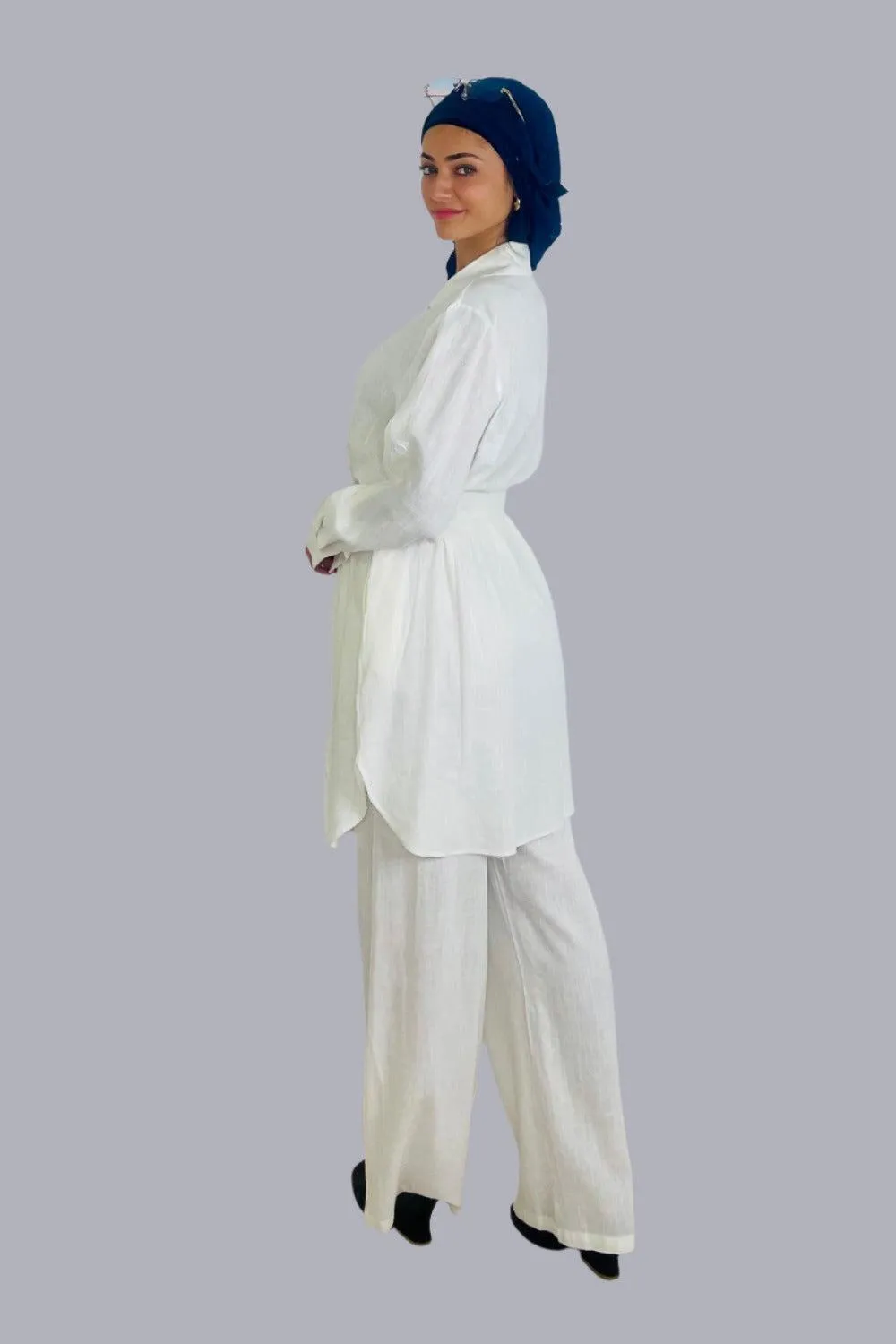 Modern Long Belted Shirt And Wide Leg Trousers Classic Modest Coord Set