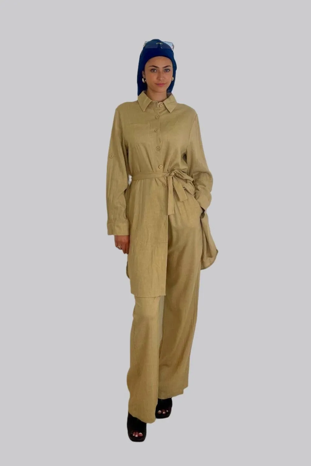 Modern Long Belted Shirt And Wide Leg Trousers Classic Modest Coord Set