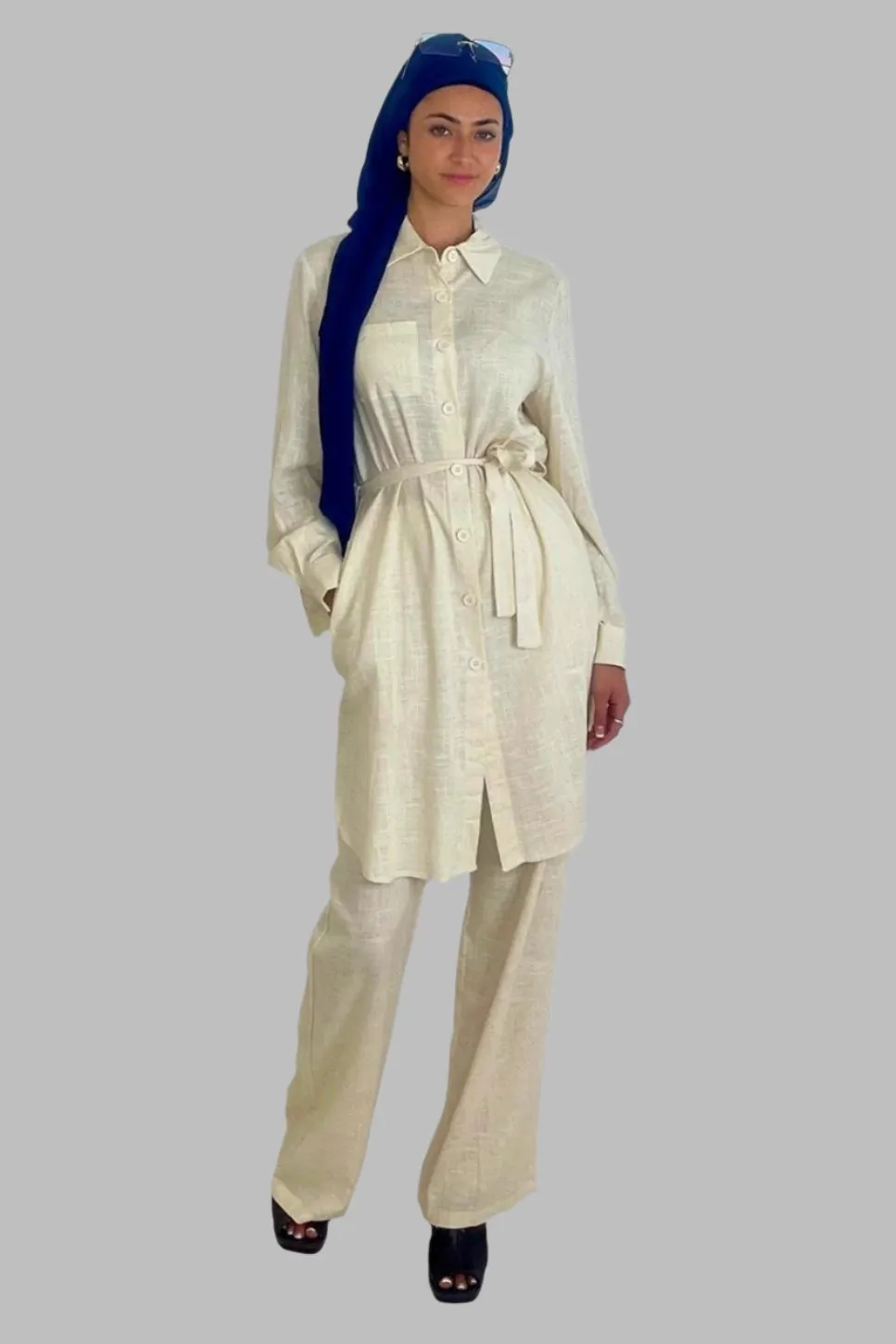 Modern Long Belted Shirt And Wide Leg Trousers Classic Modest Coord Set