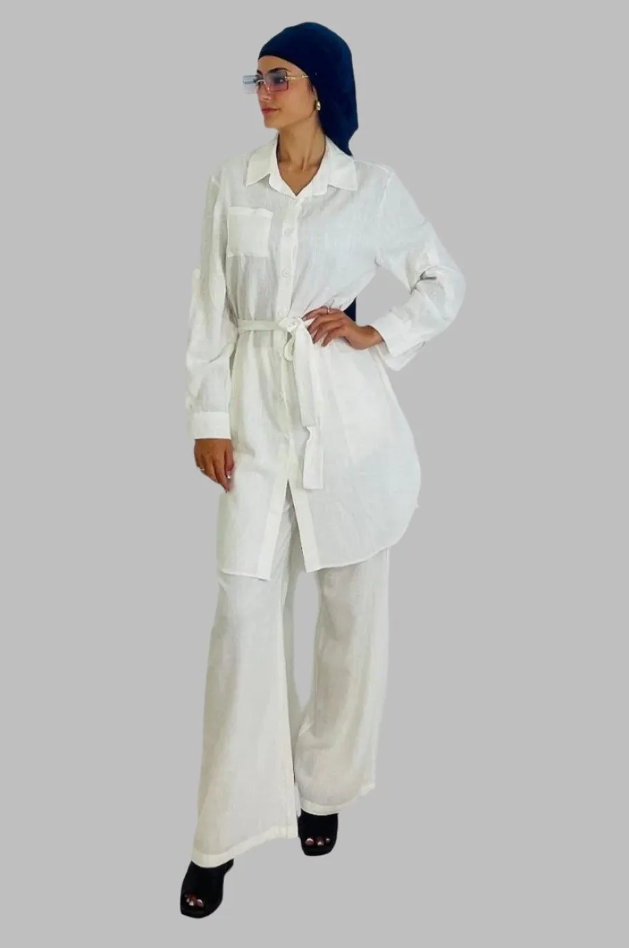 Modern Long Belted Shirt And Wide Leg Trousers Classic Modest Coord Set